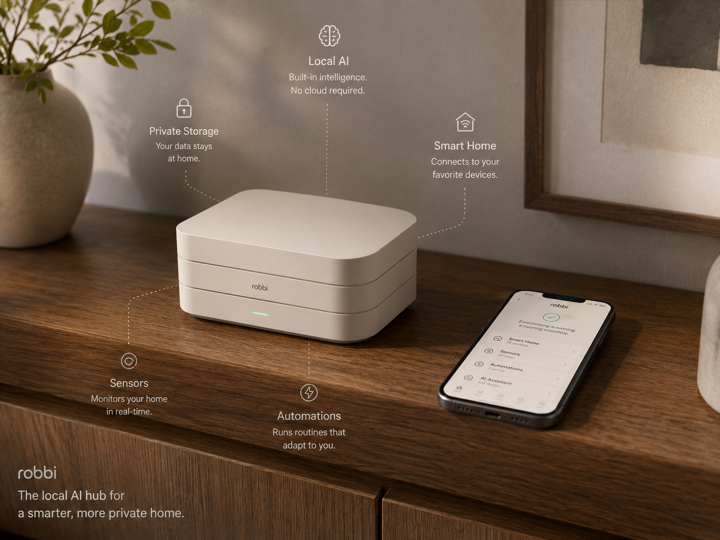 Robbi Home Hub with labels for Local AI, Private Storage, Smart Home, Sensors, Automations and the Robbi App