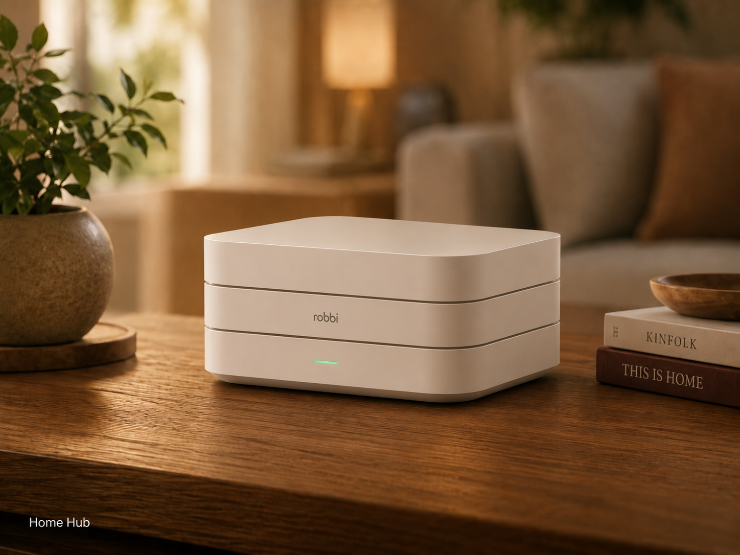 Robbi Home Hub device on a wooden table in a warm living room