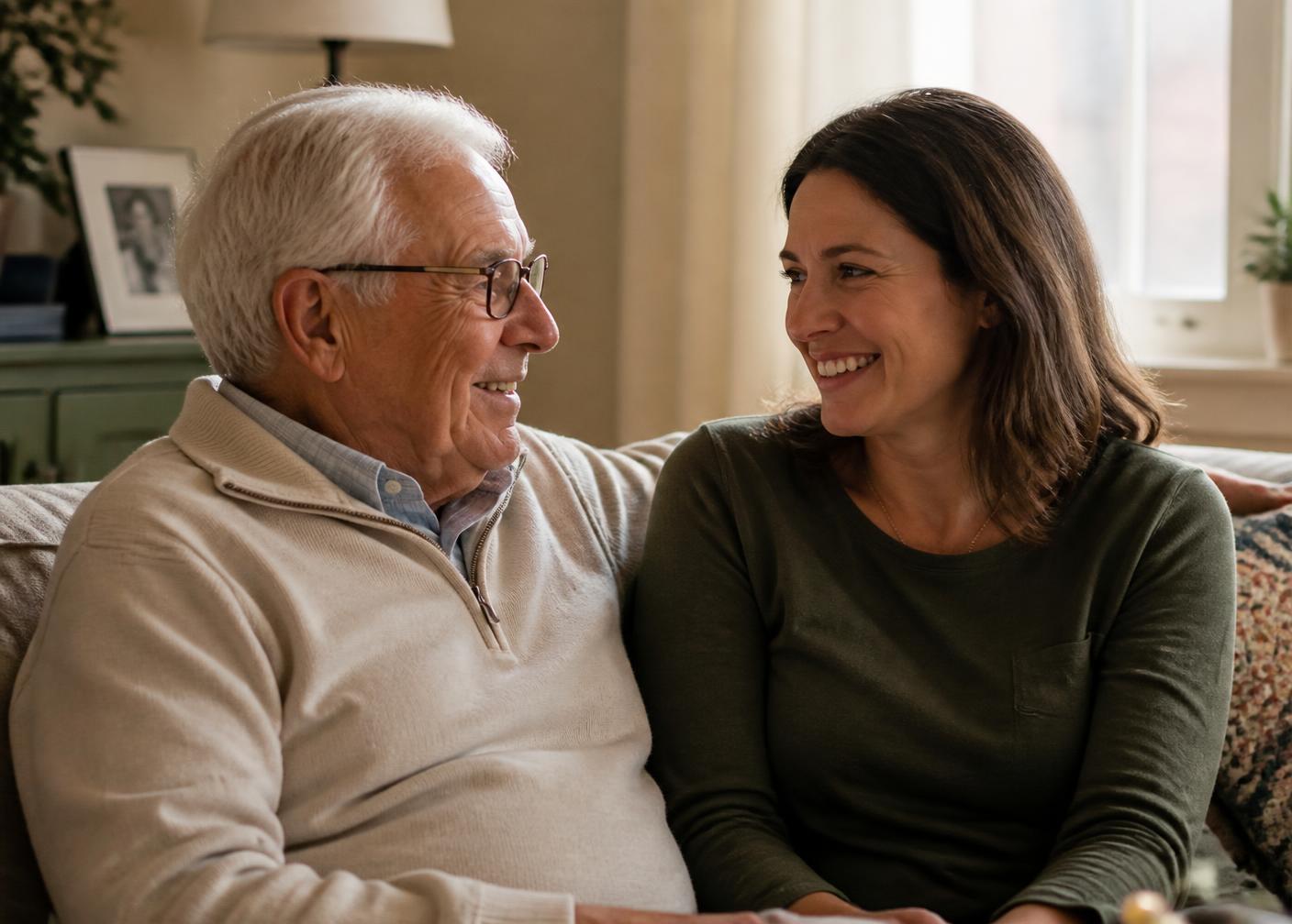 An older man and his adult daughter talking together on a sofa at home