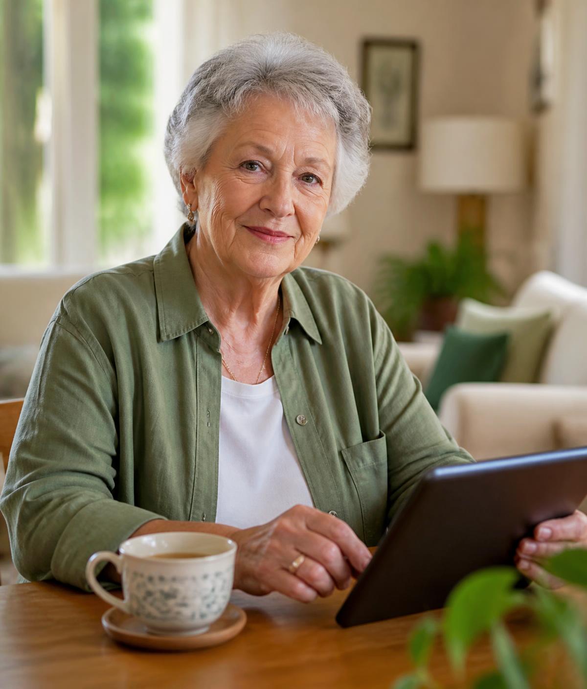An older woman relaxing with a cup of tea and a tablet in her sunlit living room